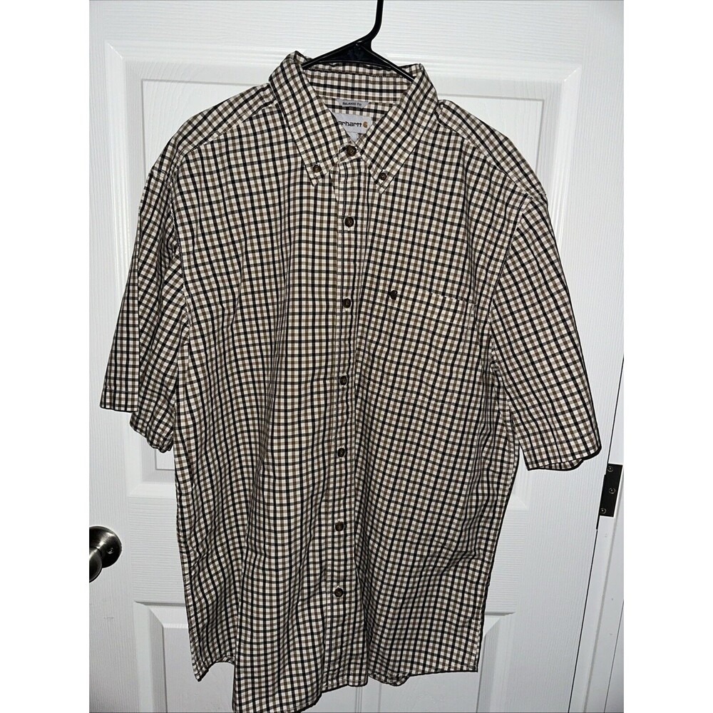 Carhartt Men's Short Sleeve Button Up Shirt XL Relaxed Fit Tan Plaid